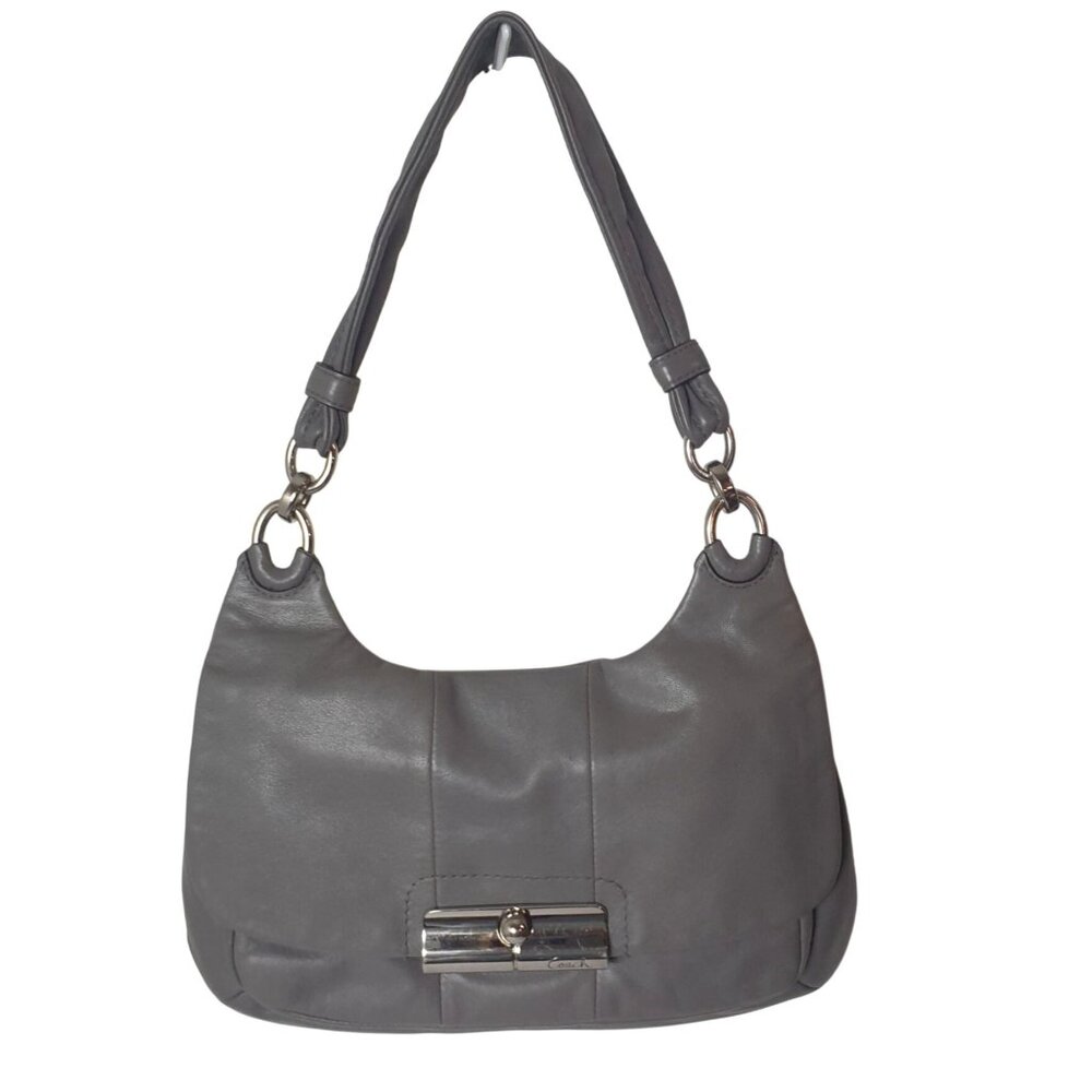 COACH Kristin Grey Leather Hobo B1169- 16931 Hippie Shoulder Purse Bag Blue Silk